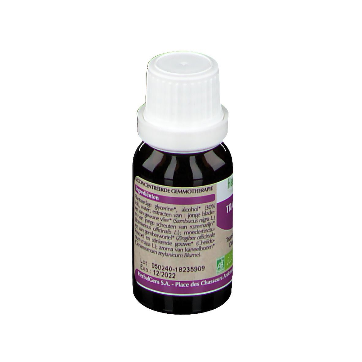 Flacon en verre brun avec bouchon blanc. Étiquette avec ingrédients et informations fabricant. 15ml.