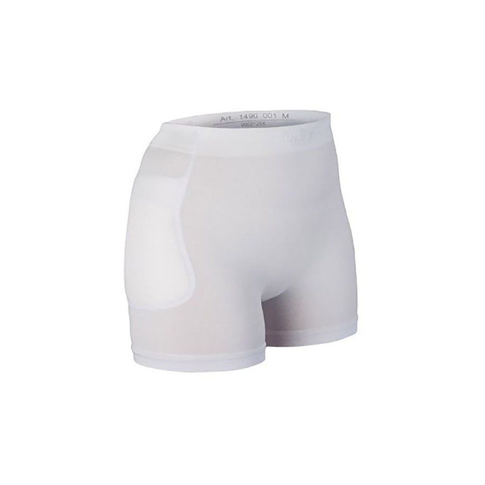 Short blanc avec protections intégrées. Vue latérale. Code produit et taille.