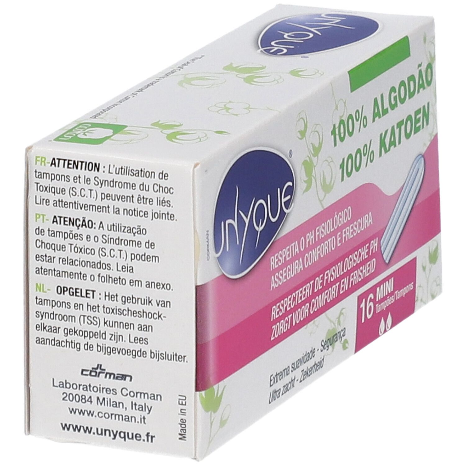 Boîte de tampons vue en biais. Texte multilingue et avertissements. 16 Mini tampons. Illustration d'un tampon. Marque UNYQUE.