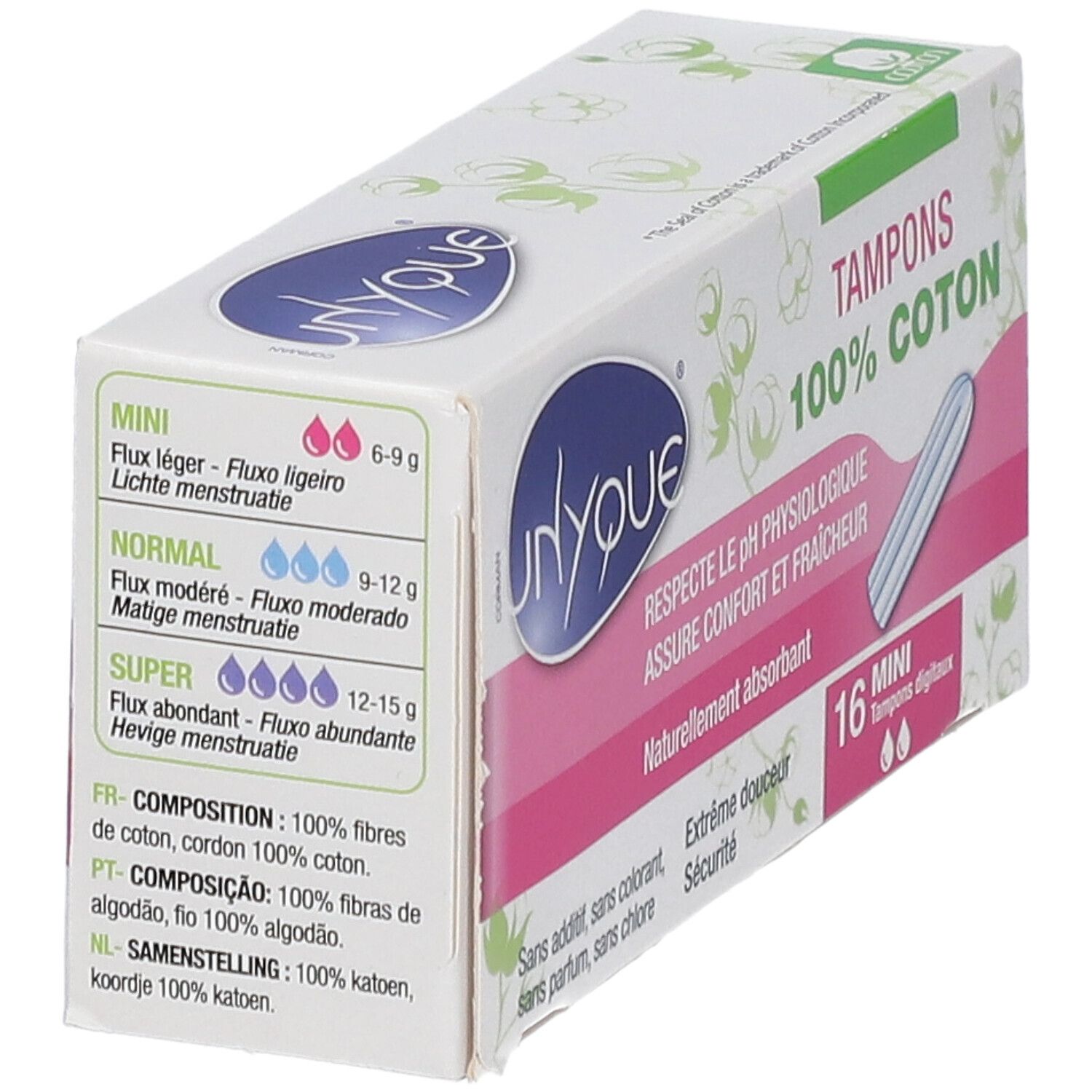 Boîte de tampons. Emballage blanc et rose avec texte multilingue. 16 Mini tampons. Indications des flux. Illustration d'un tampon.