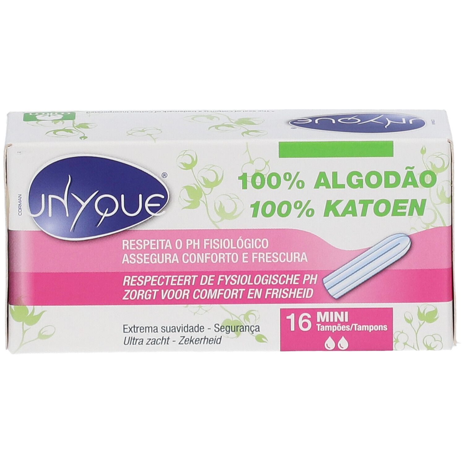 Boîte de tampons. Emballage blanc et rose avec texte multilingue. 16 Mini tampons. 100% coton. Illustration d'un tampon.