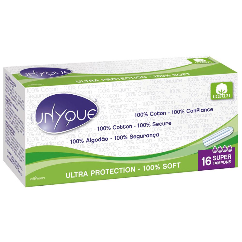 Boîte de 16 tampons Super Unyque. Protection ultra, 100% coton. Avec applicateur.