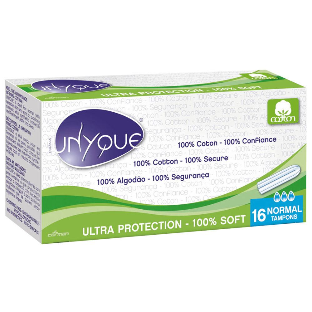 Boîte de tampons UNYQUE, 16 normaux, 100% coton, doux. Protection Ultra.