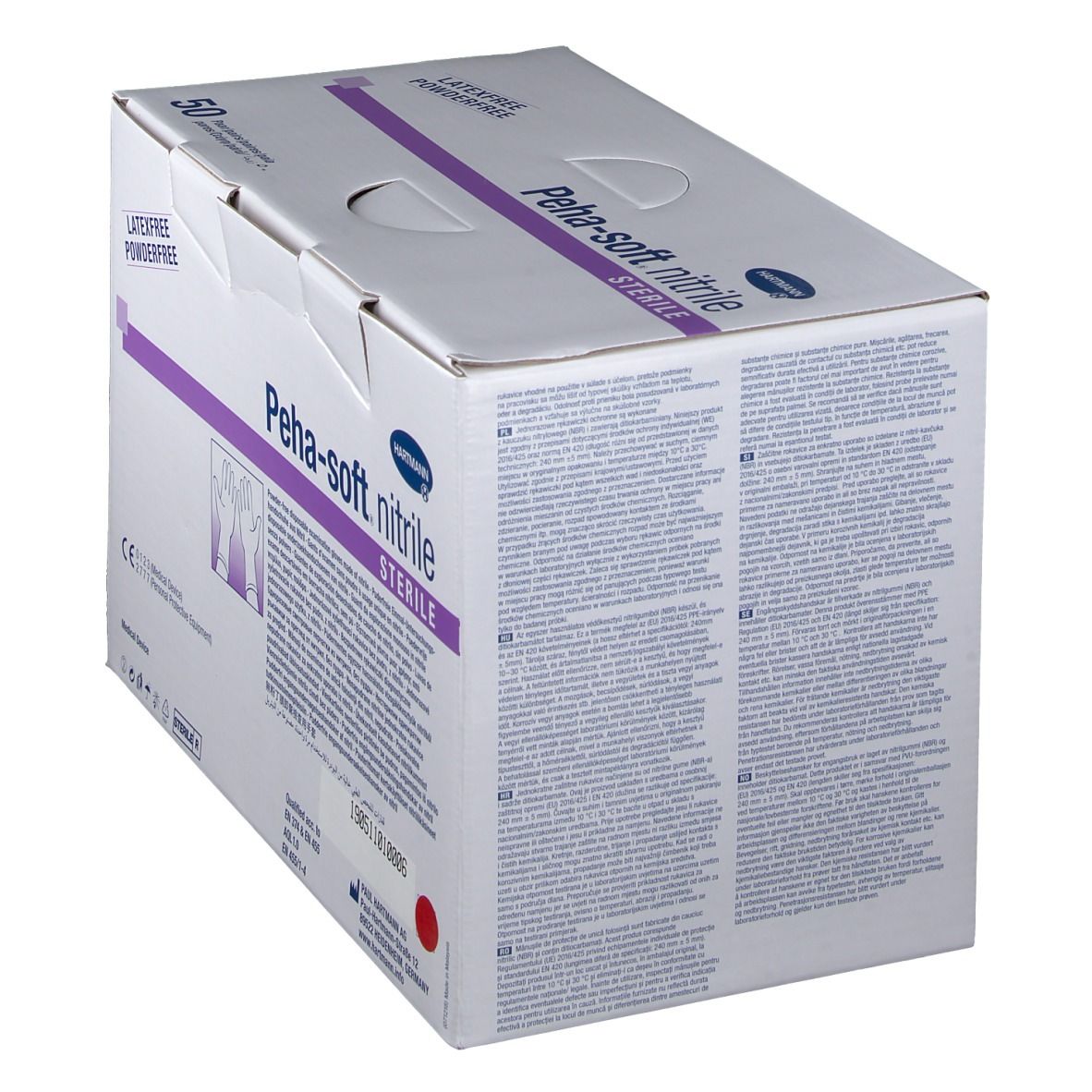 Boîte de gants Peha-soft nitrile stériles, sans latex, sans poudre. Logo Hartmann. Vue latérale.