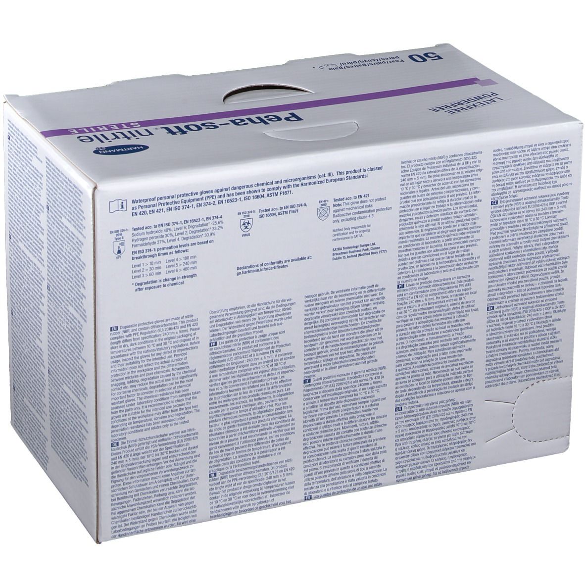Boîte de gants Peha-soft nitrile stériles, sans latex, sans poudre. Texte au dos. Logo Hartmann.