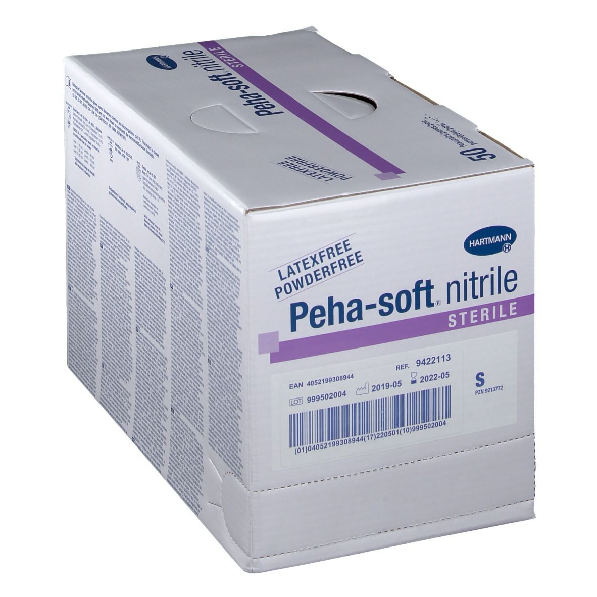 Boîte de gants Peha-soft nitrile stériles, sans latex, sans poudre. Logo Hartmann. Réf. 9422113, taille S.