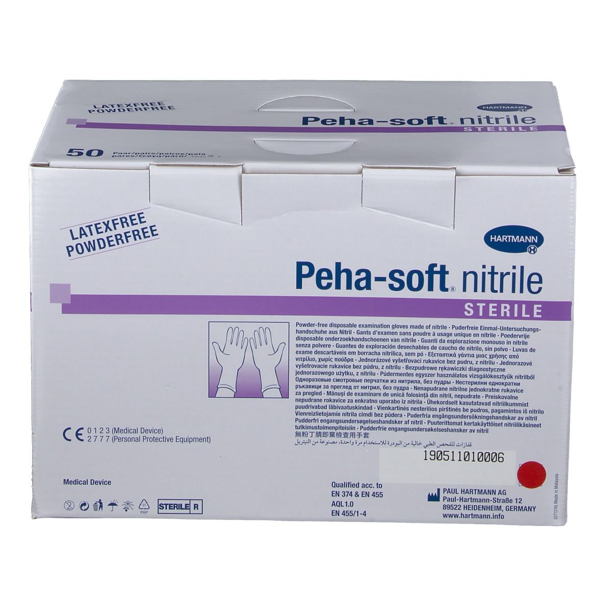 Boîte de gants Peha-soft nitrile stériles, sans latex, sans poudre. Logo Hartmann. 50 unités. Marquage CE.
