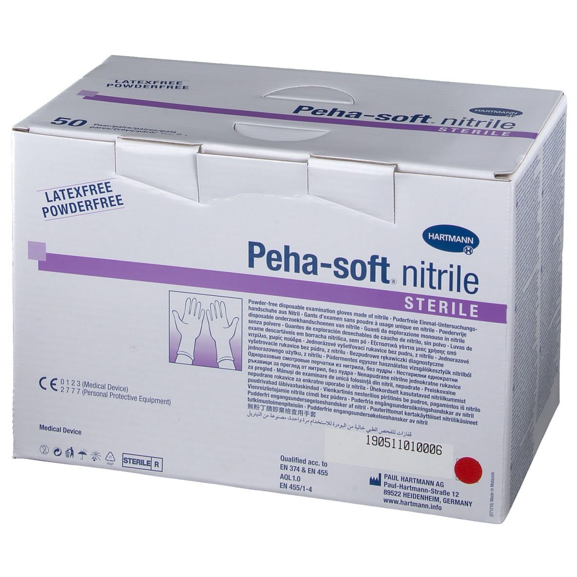 Boîte de gants Peha-soft nitrile stériles, sans latex, sans poudre. Logo Hartmann. 50 unités. Marquage CE.