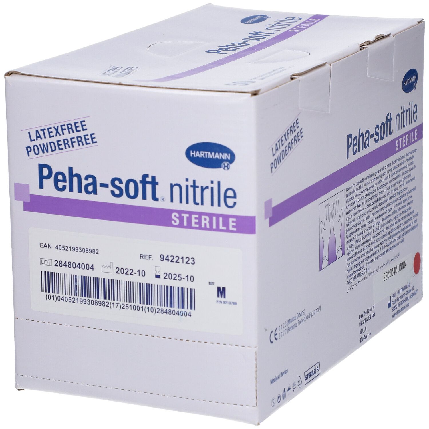 Boîte de gants Peha-soft nitrile stériles, taille M. Sans latex et sans poudre. Marquage CE.