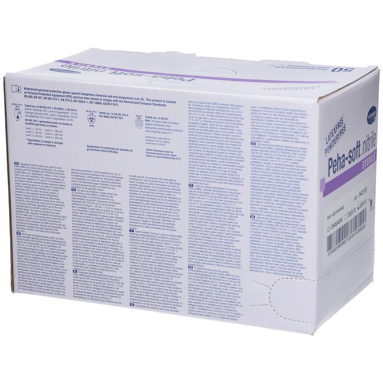 Dos d'une boîte de gants Peha-soft nitrile stériles. Texte multilingue. Marquage CE.