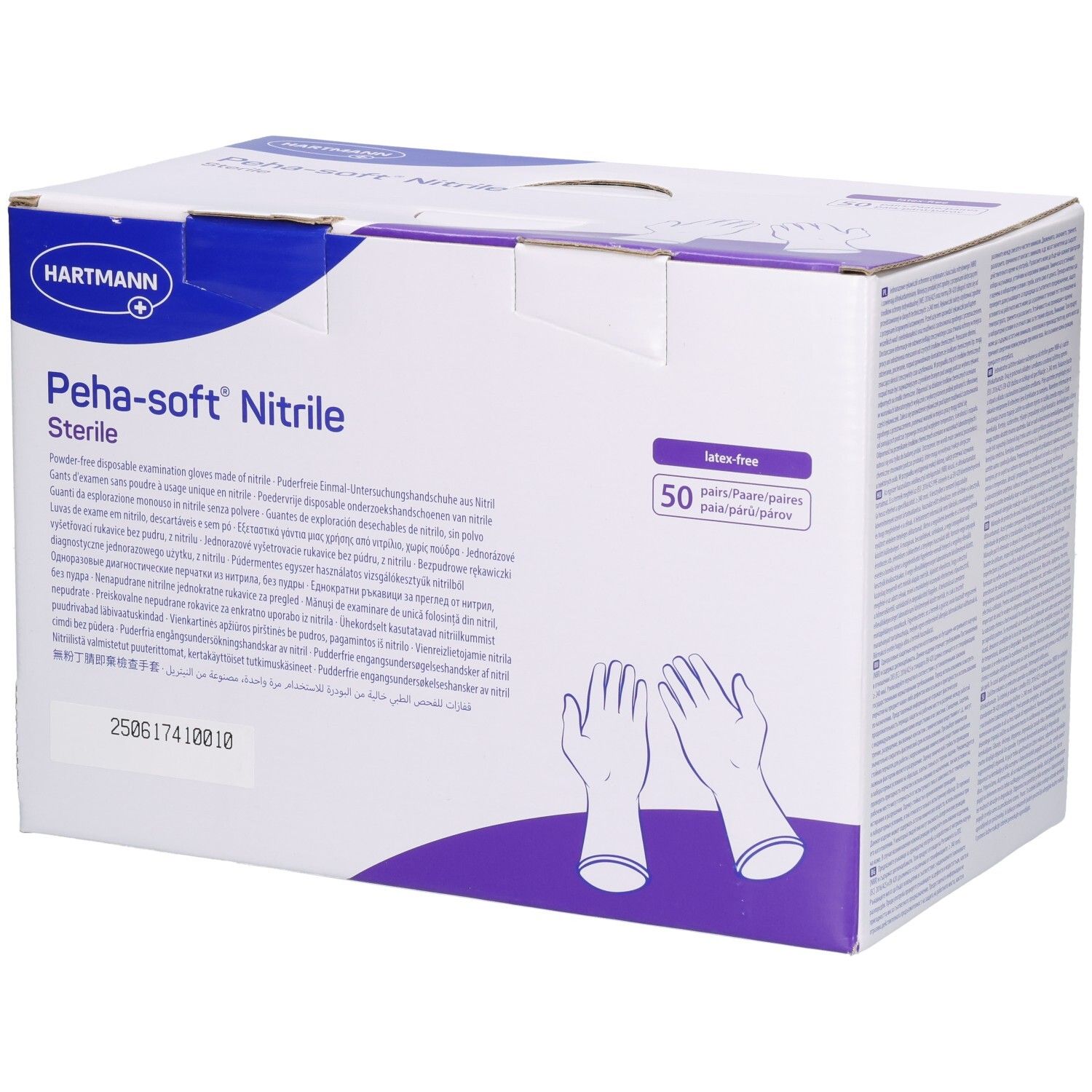 Boîte de gants Peha-soft nitrile stériles, sans latex ni poudre. Marque Hartmann. Dispositif médical.