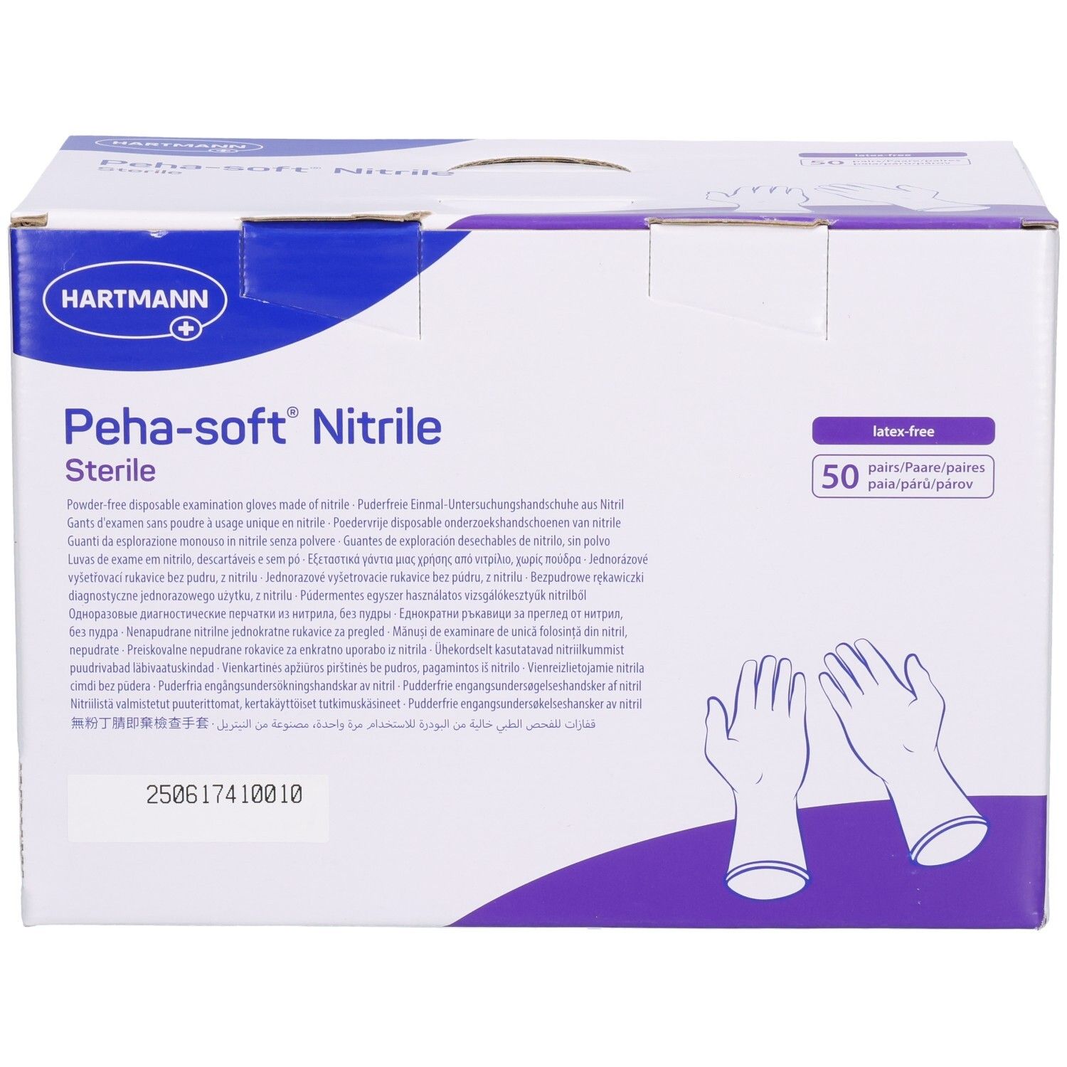Boîte de gants Peha-soft nitrile stériles, sans latex ni poudre. Marque Hartmann. Dispositif médical.
