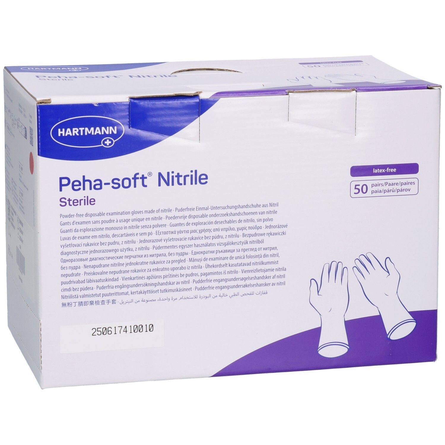 Boîte de gants Peha-soft nitrile stériles, sans latex ni poudre. Marque Hartmann. Dispositif médical.