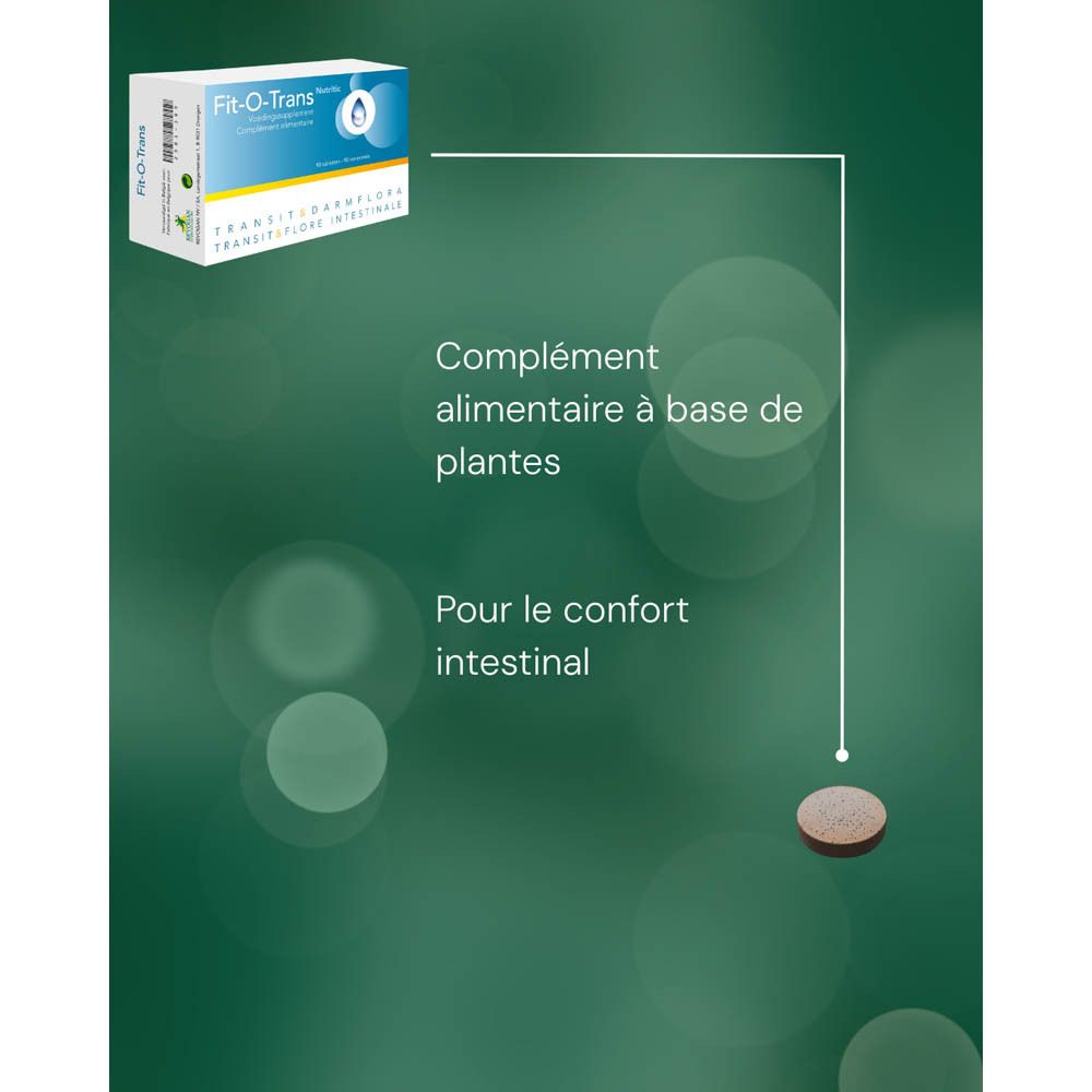 Graphique avec comprimé. Texte : Complément alimentaire à base de plantes. Pour le confort intestinal.