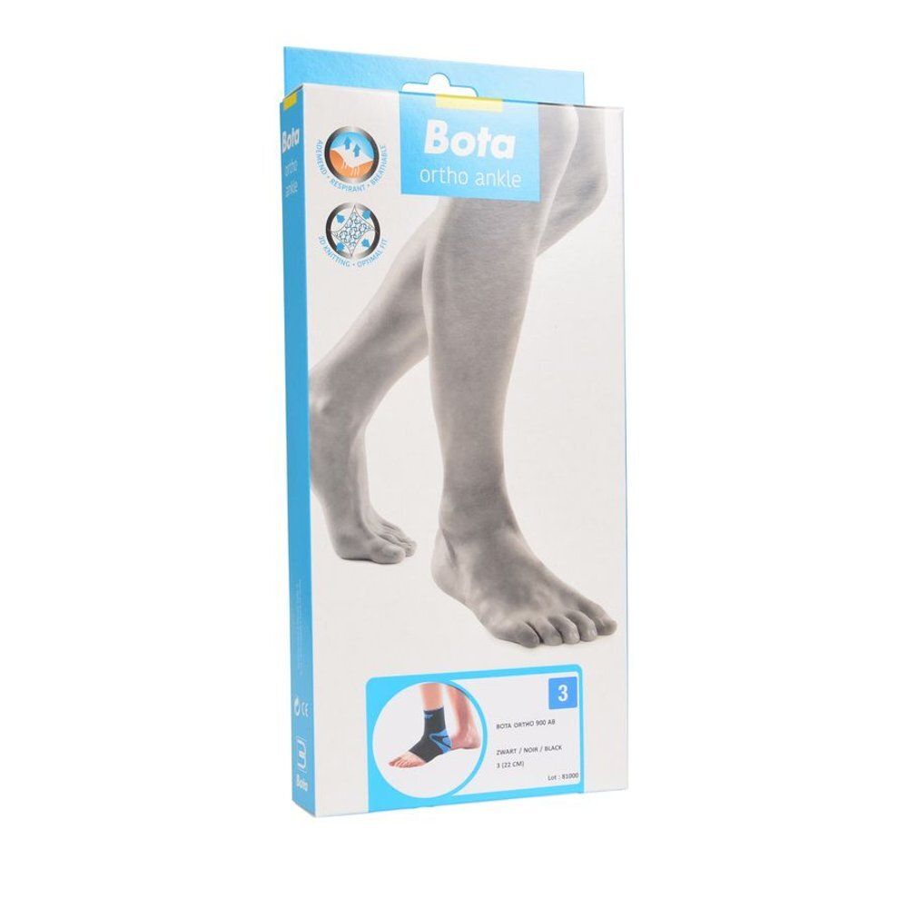 Emballage de l'attelle BOTA ortho ankle. Illustration d'un pied. Image du produit en bas à droite. Taille 3.