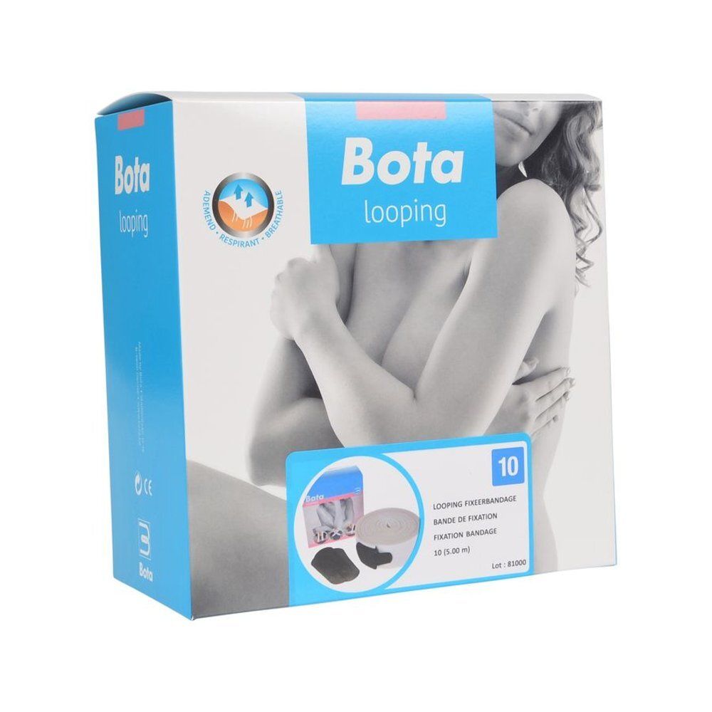 Bota looping bandage de fixation. Une personne porte une écharpe de bras. Blanc avec des accents bleus.