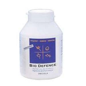 Flacon blanc avec étiquette bleue. Inscription Bio Defence et Decola. Quatre symboles sur l'étiquette.