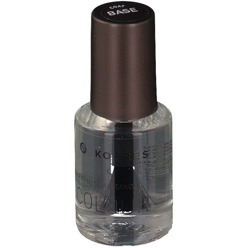Flacon de vernis à ongles KORRES avec bouchon marron. Inscription BASE. Pinceau visible à l'intérieur.