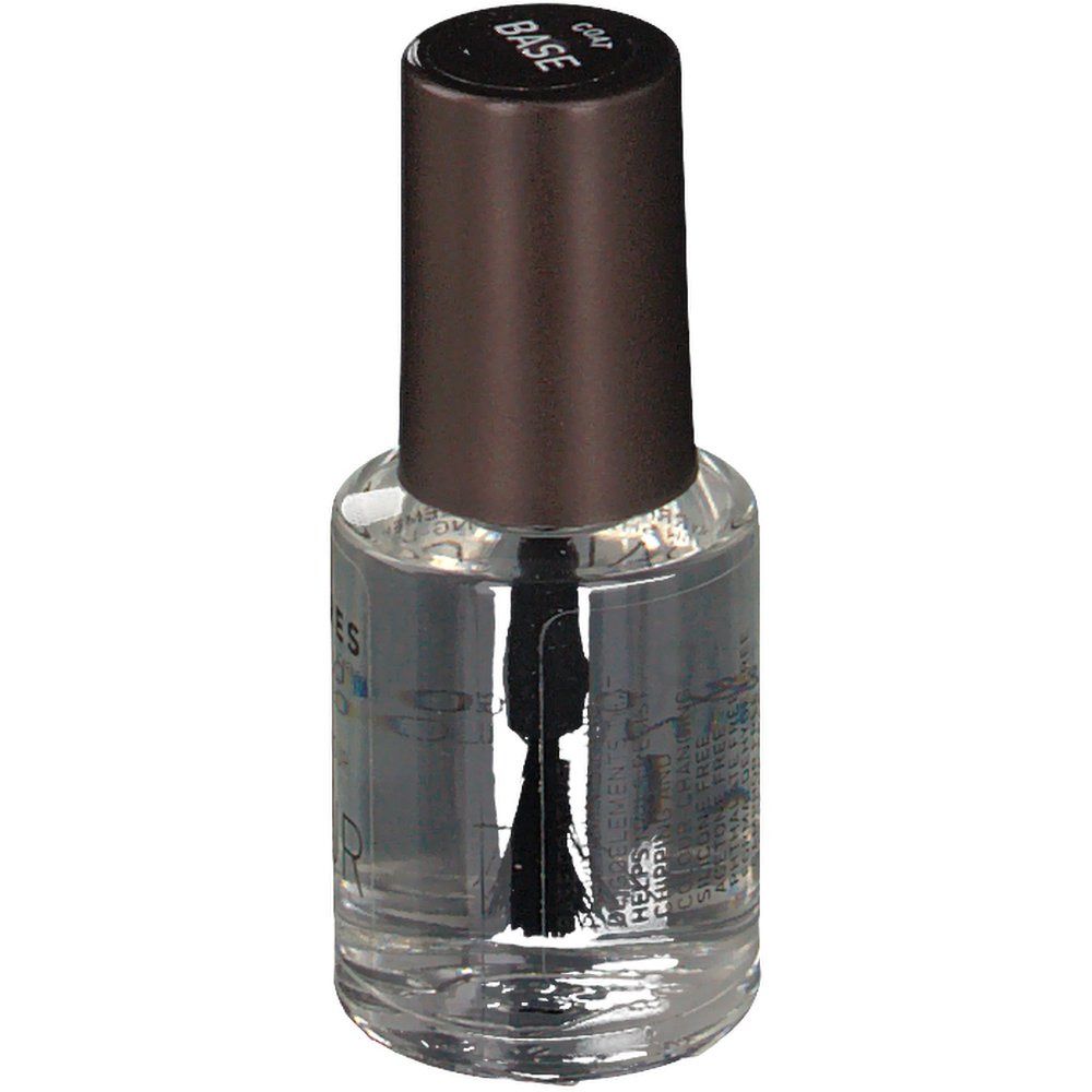 Flacon de vernis à ongles KORRES avec bouchon marron. Inscription BASE. Pinceau visible à l'intérieur.