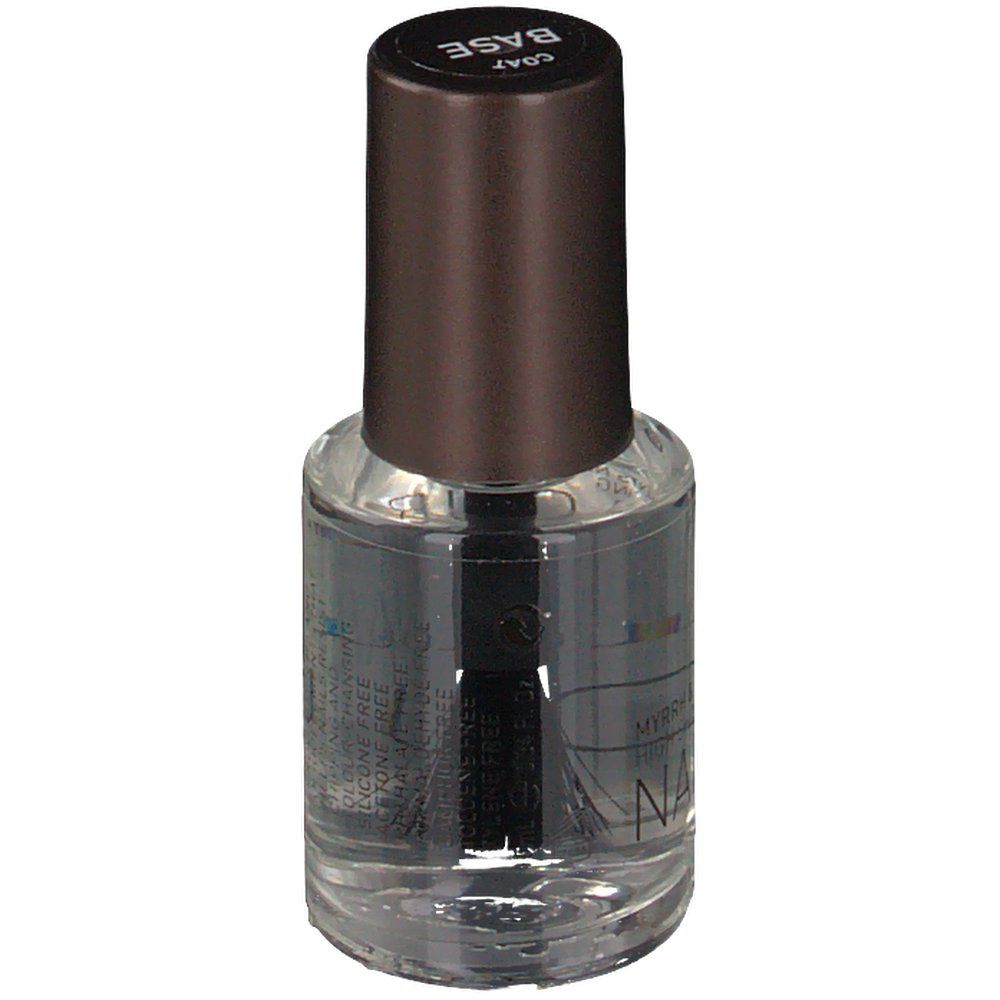 Flacon de vernis à ongles KORRES avec bouchon marron. Inscription BASE. Pinceau visible à l'intérieur.