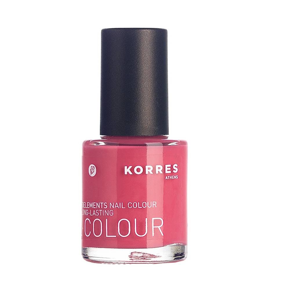 Flacon de vernis à ongles rose avec bouchon noir. Inscription: KORRES, ELEMENTS NAIL COLOUR, COLOUR.