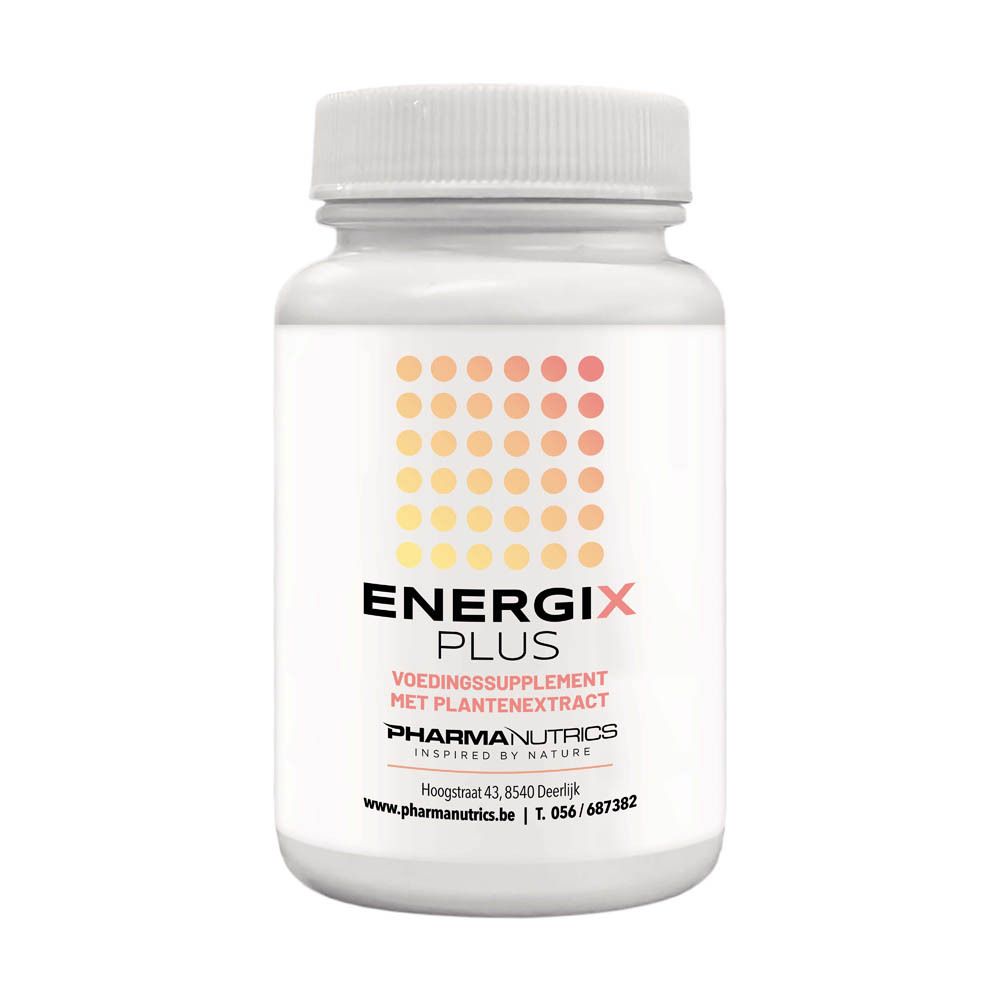 Flacon blanc avec capsules. Inscription ENERGIX PLUS, PHARMANUTRICS. Motif de points jaune-orange. Texte en néerlandais.