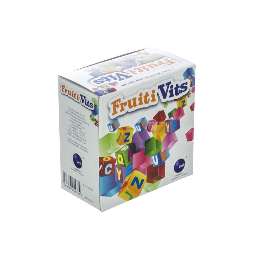Boîte Vitaflo Fruitivits avec des cubes de lettres colorés.