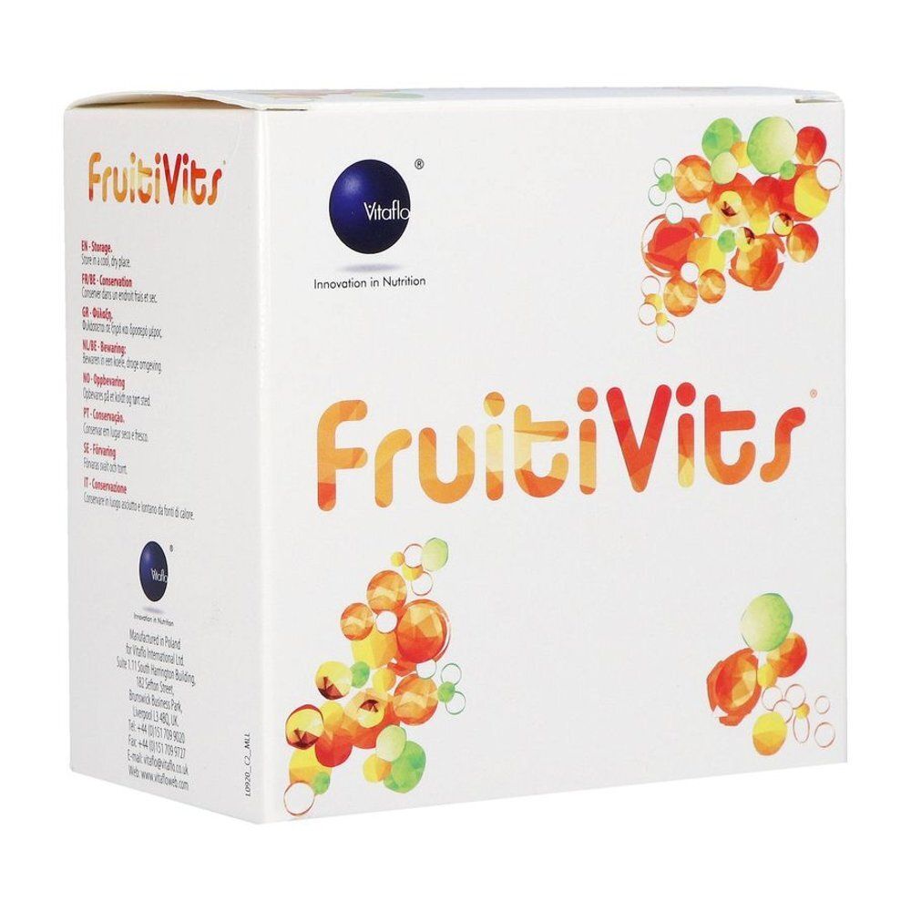 Boîte Vitaflo Fruitivits avec motif de fruits et bulles.