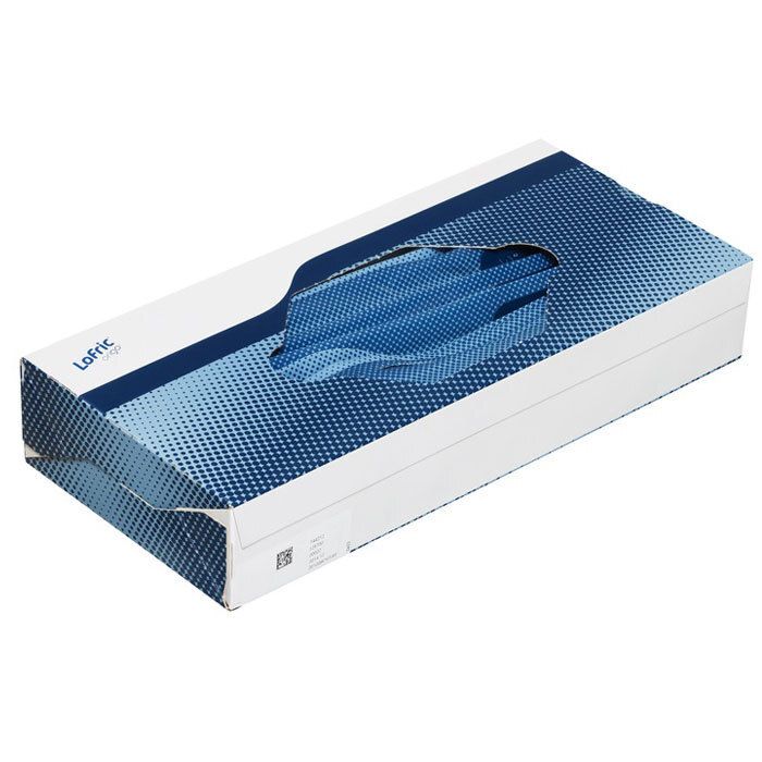 Boîte en carton avec ouverture. Emballage bleu et blanc. Logo "LoFric" visible.