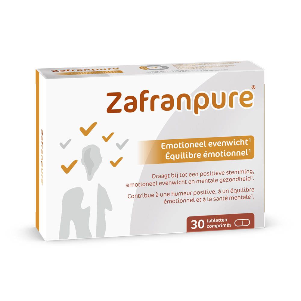 Boîte de Zafranpure. Boîte blanche avec texte marron. Contient 30 comprimés. Texte en néerlandais et français.