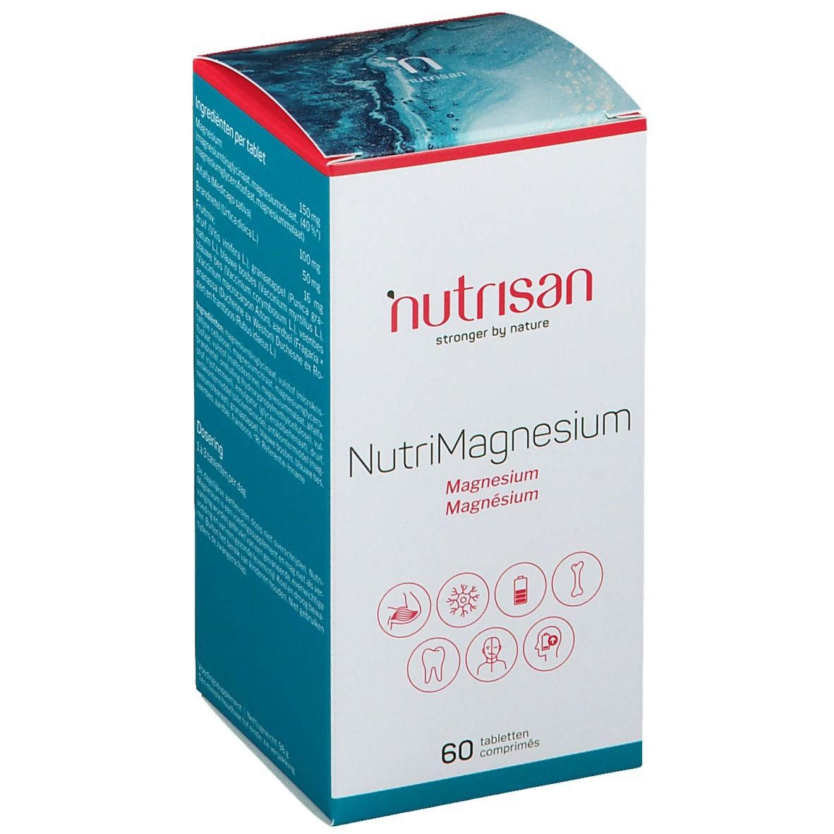 Boîte de Nutrisan NutriMagnesium. Contient 60 comprimés. Inscription: Magnesium, Magnesio, Magnésium.