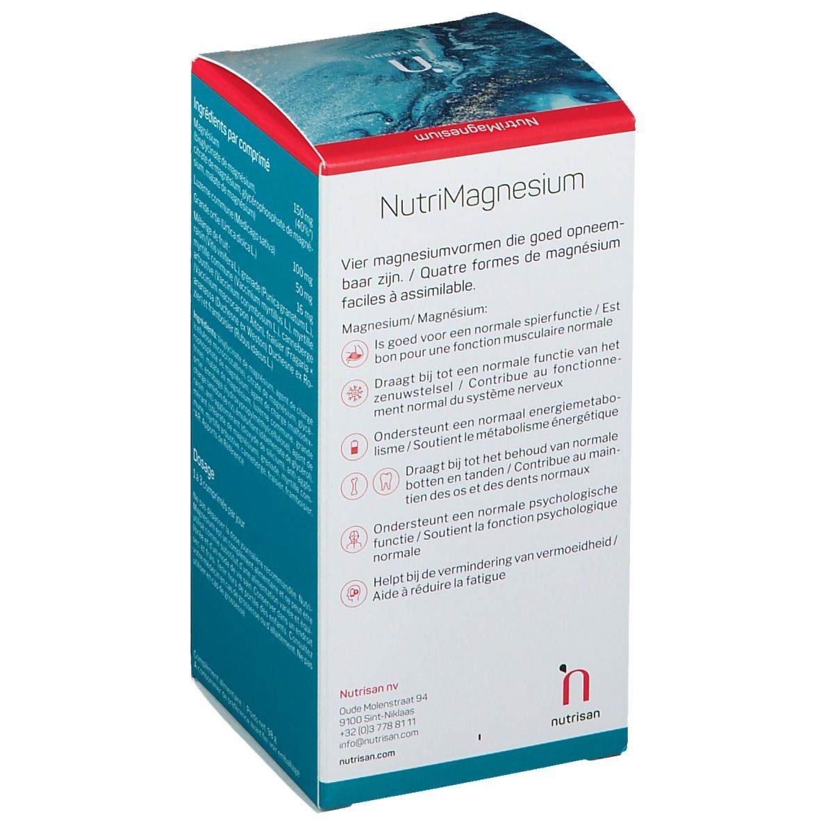 Côté de la boîte Nutrisan NutriMagnesium. Informations sur les avantages. 60 comprimés.