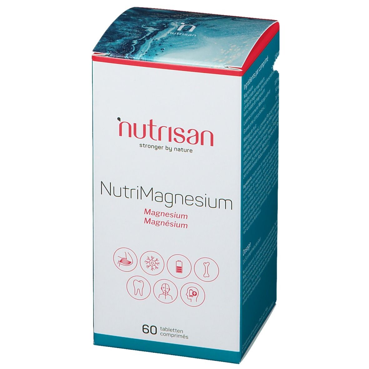Boîte de Nutrisan NutriMagnesium. Contient 60 comprimés. Inscription: Magnesium, Magnesio, Magnésium.