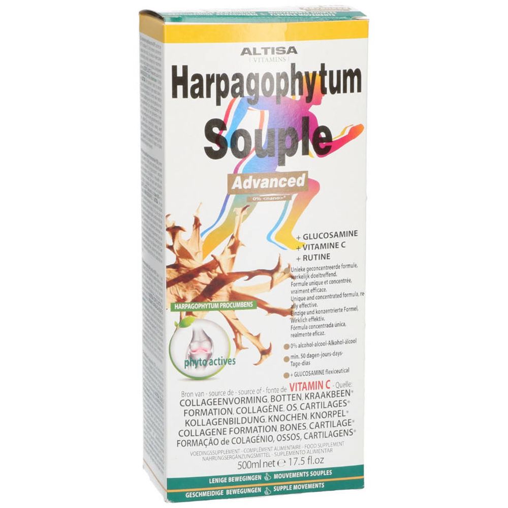 Boîte avec impression du produit. Inscription : Altisa Harpagophytum Souple Advanced. Contient de la glucosamine, de la vitamine C et de la rutine. 500ml.