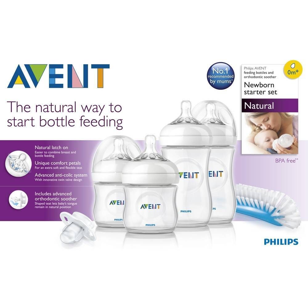 Set de démarrage Philips AVENT. Biberons, sucette et brosse. Blanc, transparent et bleu. Sans BPA.