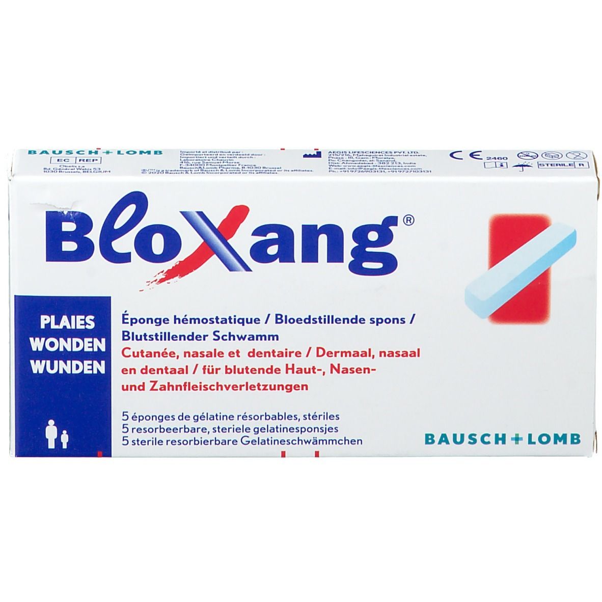 Boîte de Bloxang. Inscription: Bloxang, Bausch + Lomb. Contient 5 éponges de gélatine résorbables, stériles. Rectangle rouge avec éponge.