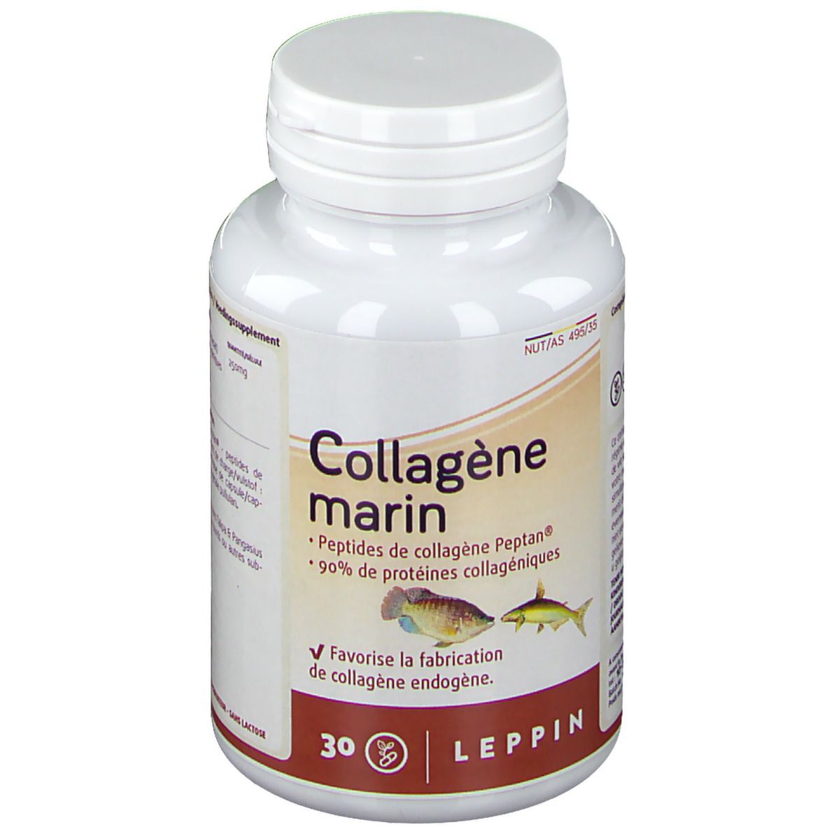 Flacon blanc LEPPIN Collagène marin. Inscription: Peptides de collagène Peptan, 90% de protéines collagéniques. 30 gélules.