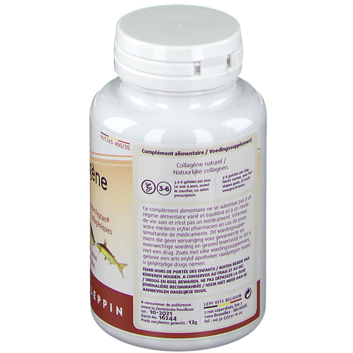 Dos du flacon blanc LEPPIN Collagène marin. Texte: Complément alimentaire, Collagène naturel, 3-6 gélules par jour. Informations.