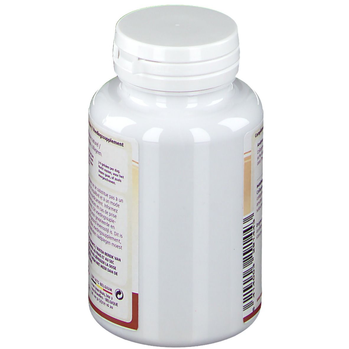 Vue latérale du flacon blanc LEPPIN Collagène marin. Étiquette avec texte. Couvercle blanc. Bande marron en bas.