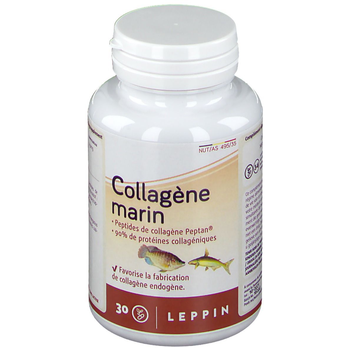 Flacon blanc LEPPIN Collagène marin. Inscription: Peptides de collagène Peptan, 90% de protéines collagéniques. 30 gélules. Illustrations de poissons.