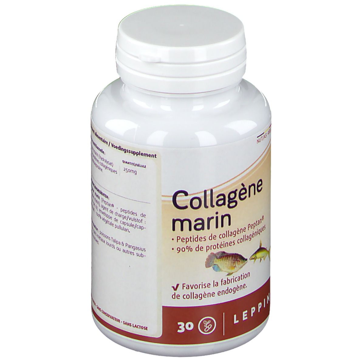 Flacon blanc LEPPIN Collagène marin. Inscription: Peptides de collagène Peptan, 90% de protéines collagéniques. 30 gélules. Illustrations de poissons.