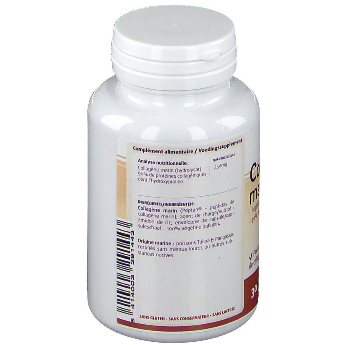 Dos du flacon blanc LEPPIN Collagène marin. Texte: Analyse nutritionnelle, Ingrédients, Origine marine. Code-barres.