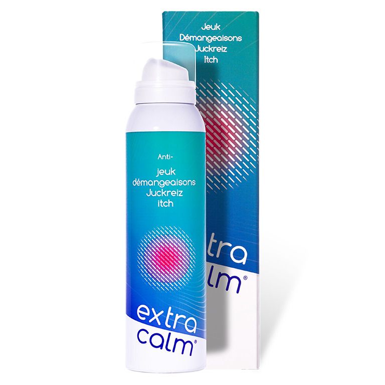 Flacon spray et boîte. Inscription: extra calm. Contre les démangeaisons. Dégradé bleu-vert. Cercle rouge.