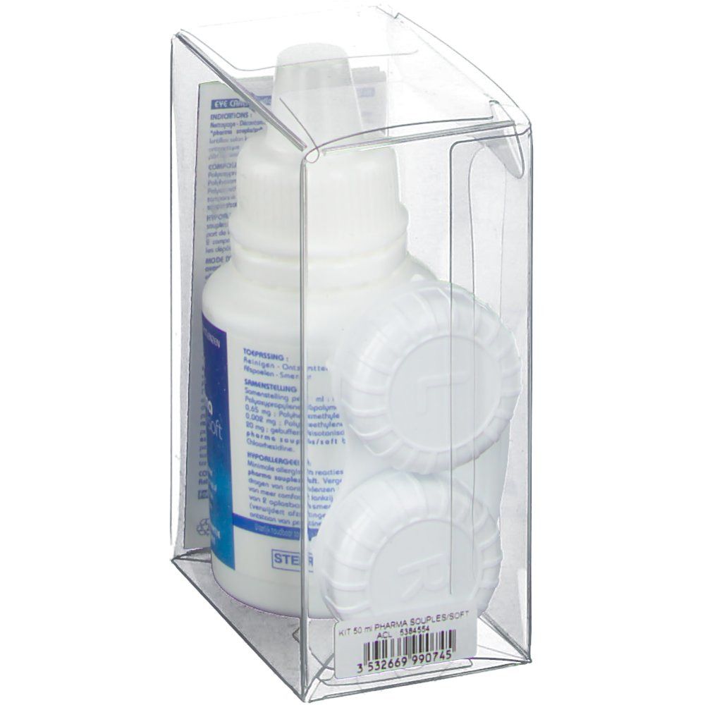 Flacon blanc et étui à lentilles dans un emballage transparent. Dos avec texte. Inscription : Eye Care Pharma souples/soft.