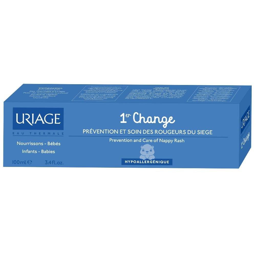 Emballage rectangulaire bleu Uriage. Texte: 1er Change, prévention et soin des rougeurs du siège. Hypoallergénique.