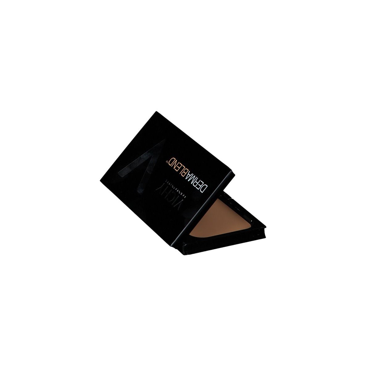 Maquillage crème compact dans un emballage noir. Marque Vichy Dermablend. Ouvert, maquillage visible.