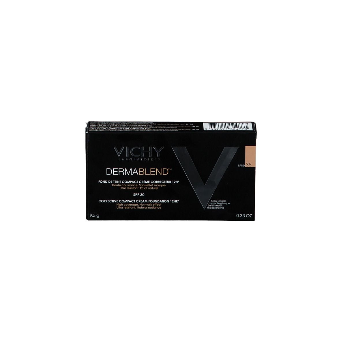 Vichy Dermablend Maquillage crème compact. Emballage noir avec informations produit. Teinte 35.