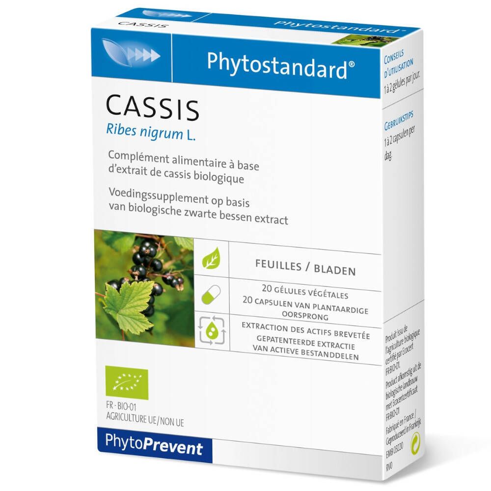 Boîte "CASSIS Phytostandard". Contient 20 gélules. Certifié bio. Ingrédients et informations nutritionnelles visibles.