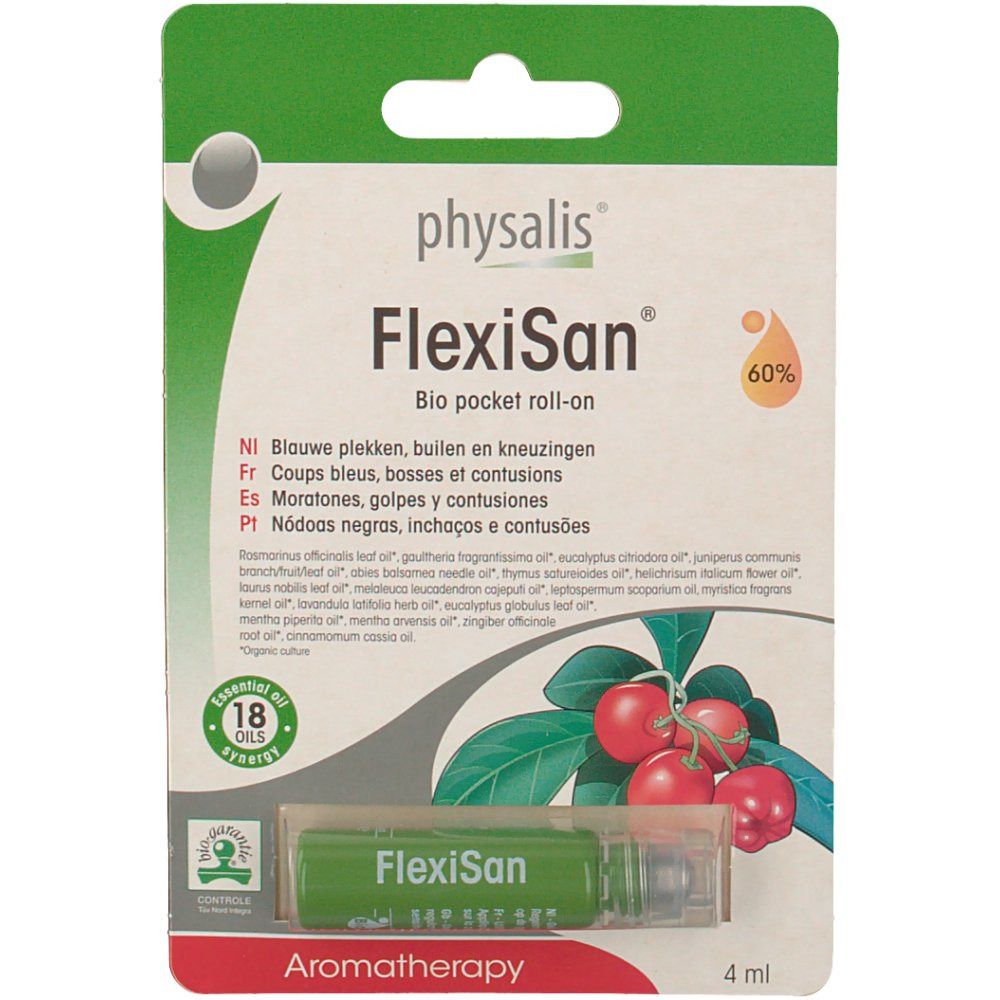 Roll-on FlexiSan Bio Pocket dans un emballage blister. Emballage vert avec nom du produit et illustration de fruits.