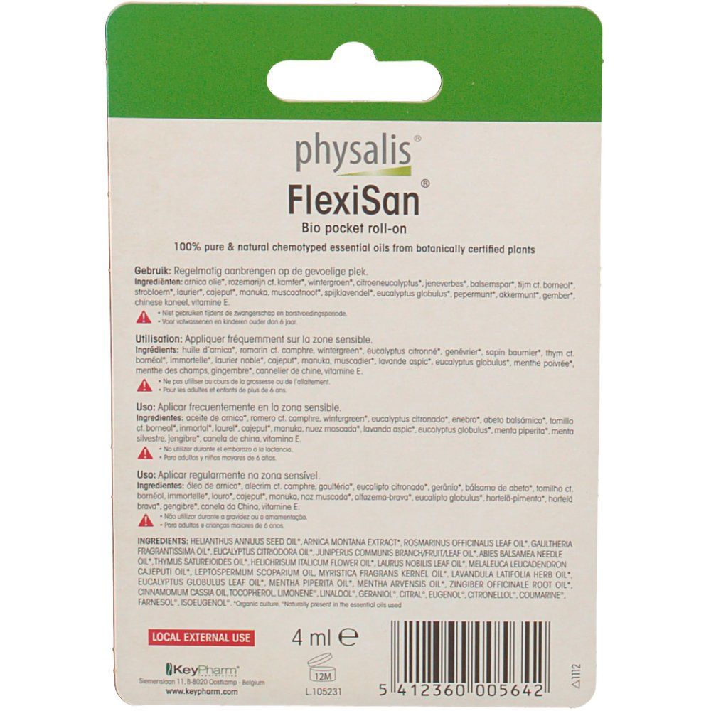 Dos de l'emballage du roll-on FlexiSan Bio Pocket. Contient des informations textuelles et des ingrédients.